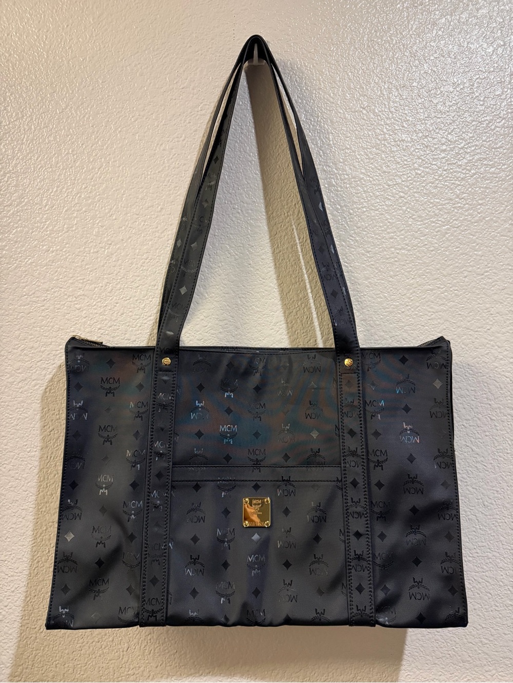 MCM Black Monogram Gold Hardware Tote Bag